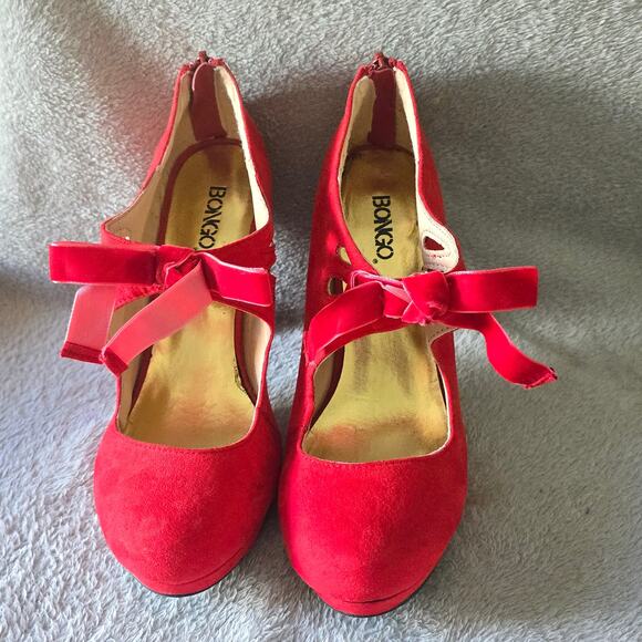 Bongo Elyse Red Suede Bow Cutout Heels Womens 8.5M Platform Pump - Picture 3 of 7